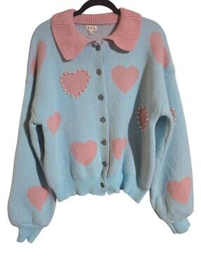 #346. POL blue cardigan with pink hearts and pearl accents